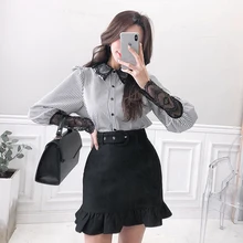 Fall 2021 Clothing Striped Long Sleeve Blouse Autumn Clothes Women Lace Blusas Elegantes Korean Style Fashion Puff SleeveeFemal