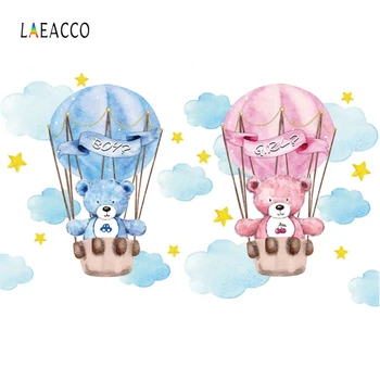 

Laeacco Baby Shower Photo Backgrounds Cartoon Birthday Photography Backdrops Clouds Star Hot Air Balloon Bear Newborn Photophone