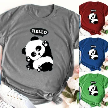 

Hello Cartoon Panda Tshirt Women T-Shirts Summer O Neck Short Sleeve Graphics Tee Female Casual Shirts Harajuku Tops