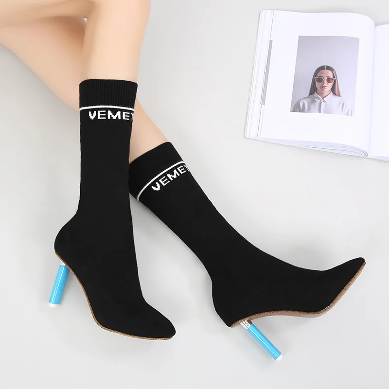 

Contrast Color design short boots women autumn knitting thin heels socks boots round toe slim mid-calf stretch bottes feminino