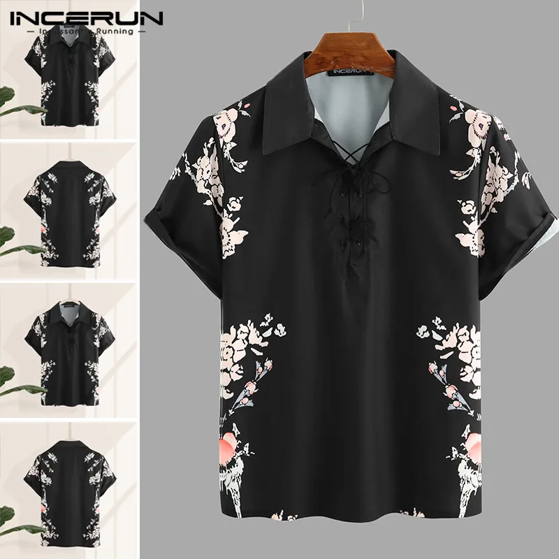 INCERUN Mens Short Sleeve Shirts Man Floral Print Retro Lapel Shirt Men Casual Lace Up Black Blouse Summer Breathable Tops 3XL
