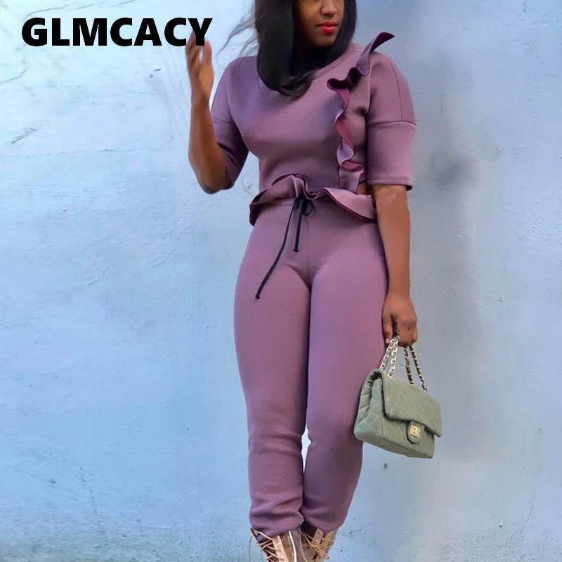 

Women Summer Fall Casual Tracksuits Short Sleeve Ruffles Pullover Tops and Drastring Long Pants Chic Streetwear Outfits
