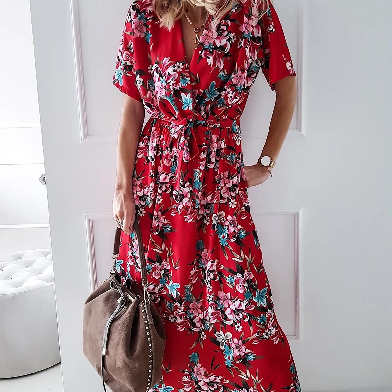 Fashion summer women's dress 2021 Women's V-neck Casual Loose Short-sleeved Dress Vintage Floral Print Belt  Princess Vestido 2