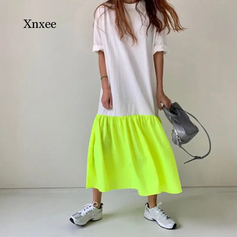 

Women Fluorescent Patchwork Long Dress Straight Half Sleeve Streetwear Dresses Female 2020 Summer Fashion Loose Vestidos Girls
