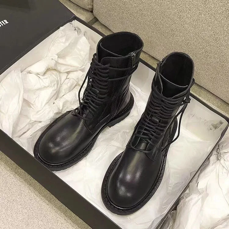 

Women Round Toe cross tie Casual Genuine Leather Ankle Boots Shoes Female Ladies Square Heel Short Boots 2019 New Fashion