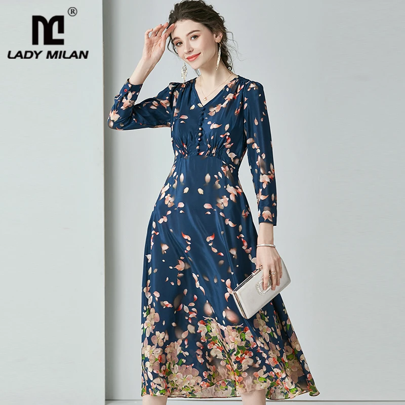 

100% Natural Silk Women's Runway Dresses Sexy V Neck Wrist Sleeves Floral Printed Fashion Spring Summer Casual Dresses