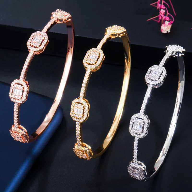 CWWZircons Luxury Stackable Statement Gold Bangle for Women Wedding Cubic Zircon Crystal CZ Dubai Silver Plated Bracelets BG041 3