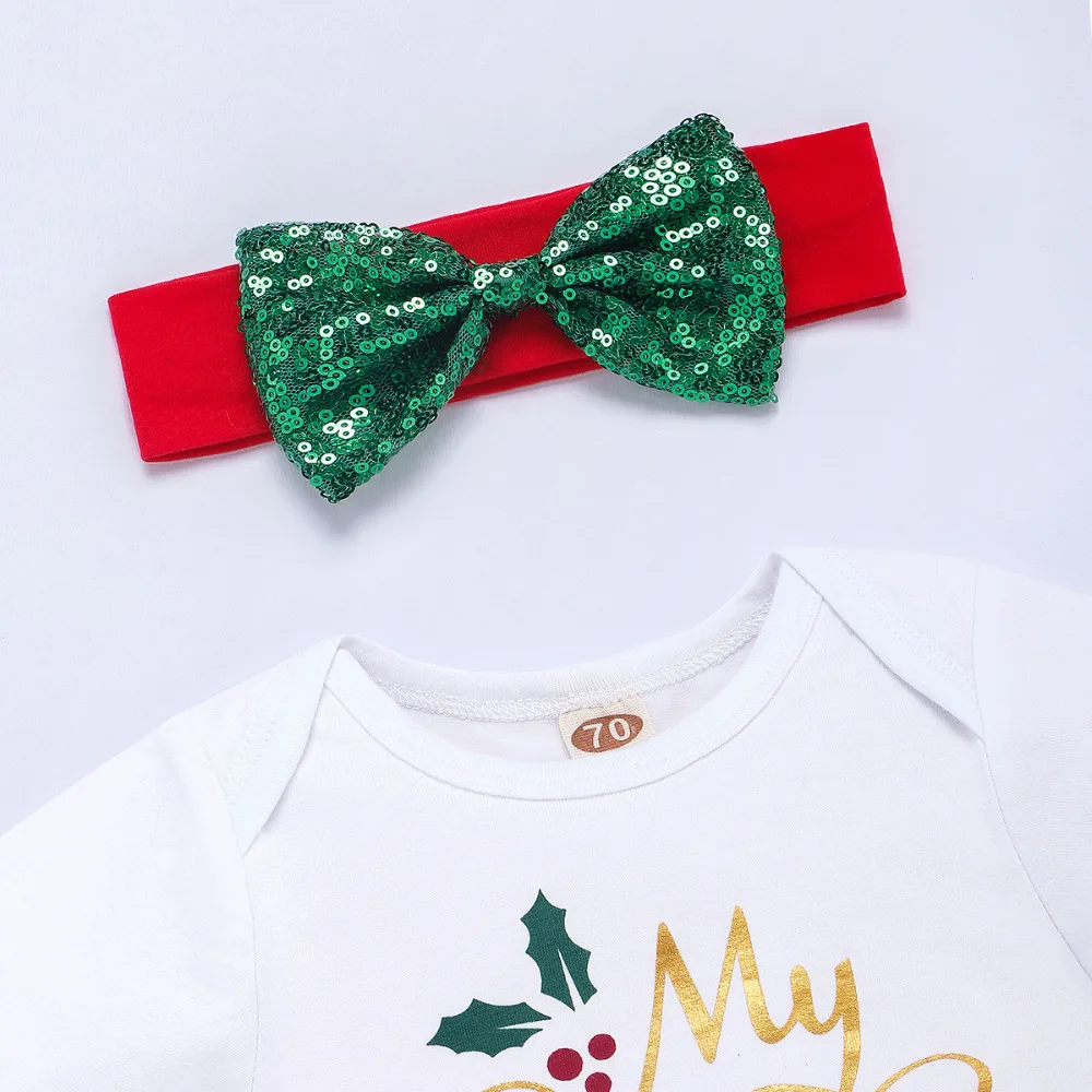 MY First Christmas/Одежда для новорожденных девочек; комплект зимней одежды; комбинезон; комбинезон; юбка; платье; повязка на голову; комплект из 3 предметов