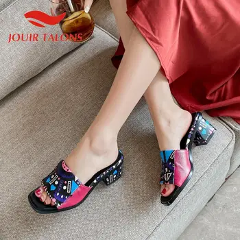

JOUIR TALONS 2020 New Arrivals Genuine Leather Women Mules Sandals Peep Toe Square Heels Appliques Pumps Summer Woman Shoes