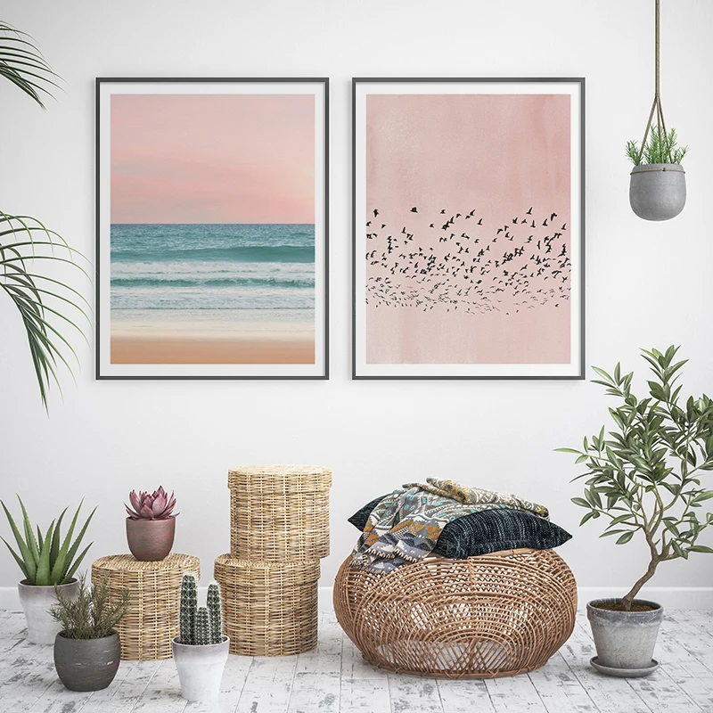 

Ocean seacape Canvas Poster Nordic Picture Pink Beach Birds Wall Art Print Painting Decoration Picture Scandinavian Home Decor