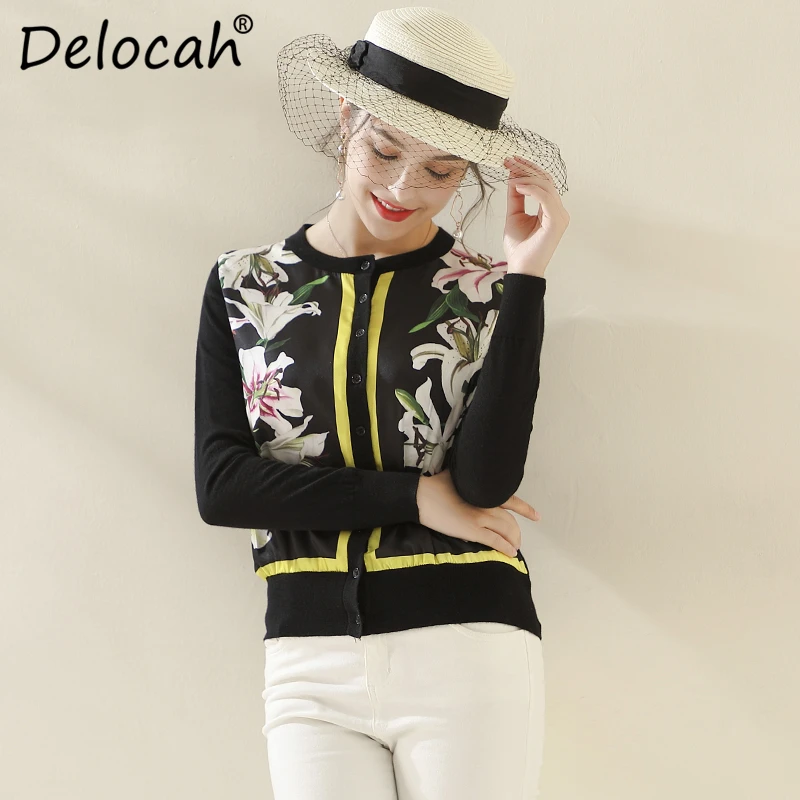 Elocah новые Подиумные Модные осенние кардиганы рубашка женская с длинным рукавом Кнопка Цветочный, отпечатанный, винтажный женский черный Вязаная блуза