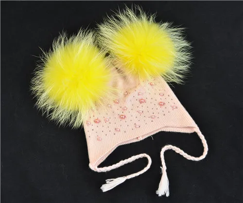 Pink yellow fur Детские теплые зимние шапки, двойная вязаная шапка из Ангорского меха с помпонами для маленьких мальчиков и девочек, шапка с помпонами из натурального меха енота - Цвет: Pink yellow fur