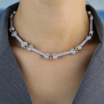 

Fashion Design Dog Bone Shaped Mystery and Evil Necklaces Full Paved Setting Clear Cubic Zirconia Animal Bone Chain Link Jewelry
