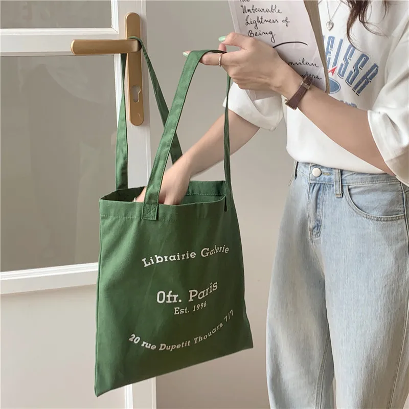 Women Canvas Shoulder Bag Paris Letters Print Shopping Bag Eco Cotton Linen Shopper Bags Cloth Fabric Handbag Tote For Girls