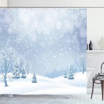 

Shower Curtain Set with Hooks 66x72 Inches Wood Hoarfrost Forest Scene Winter Drifts Fir Snowy View Tree Christmas Nature