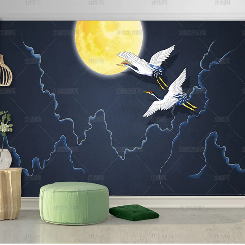 New Chinese hand-painted national tide style Crane Xiangyun light luxury wallpaper sofa TV background wall painting | Обустройство