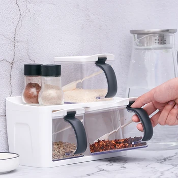 

Square Spice Jar With Spoon Rack Set Kitchen Pepper Salt Shaker Seasoning Bottle Condiment Box Transparent Gadgets Organizer