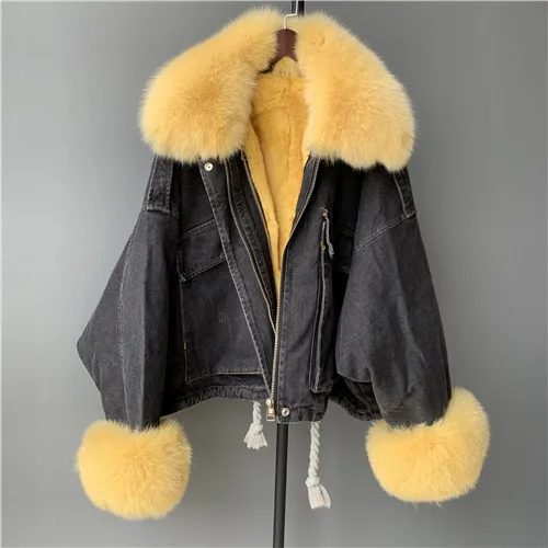 Black - yellow fur MAOMAOFUR настоящая меховая парка зимняя короткая стильная куртка с натуральным лисьим меховым воротником манжета из меха кролика рекс пальто с подкладкой женская джинсовая Меховая куртка - Цвет: Black - yellow fur
