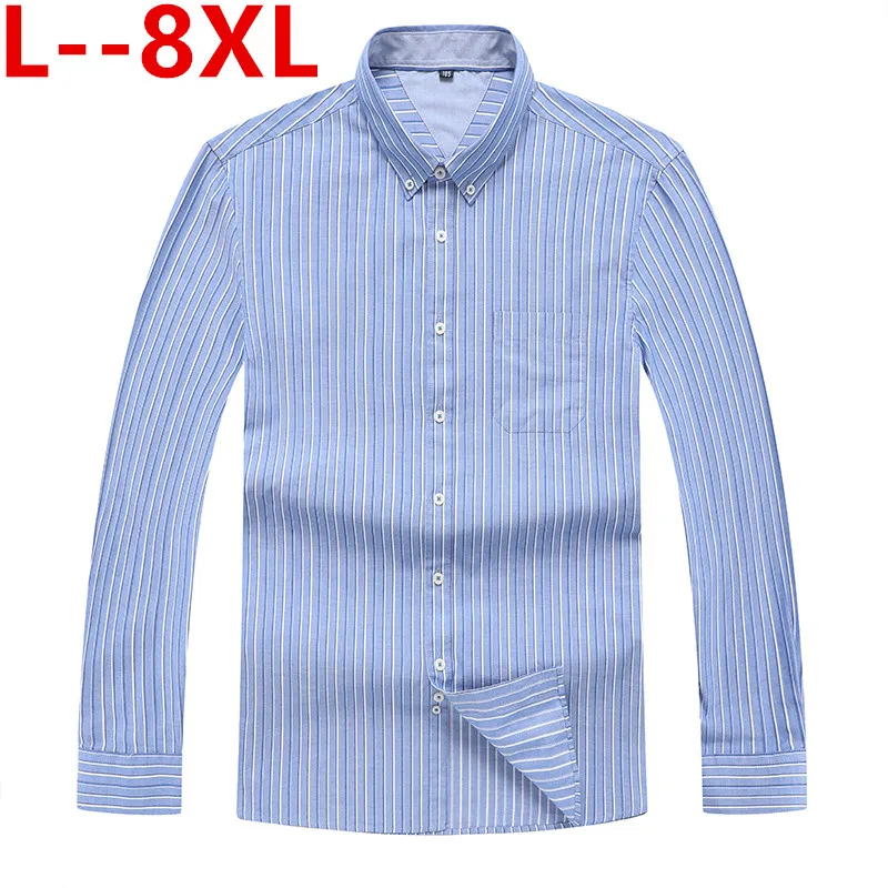 8XL мужская полосатая рубашка-Оксфорд с длинным рукавом с одним накладным карманом и плиссированной задней хомутом