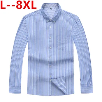 

8XL Men's Long Sleeve Striped Oxford Dress Shirt Single Patch Pocket with Box-pleated Back Yoke Regular-fit Button Down Shirts