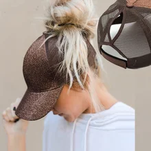 2021 Glitter Ponytail Women's Baseball Cap Women Snapback Mesh Trucker Caps Female Summer Bone Black Adjustable Hip Hop Hats/Cap