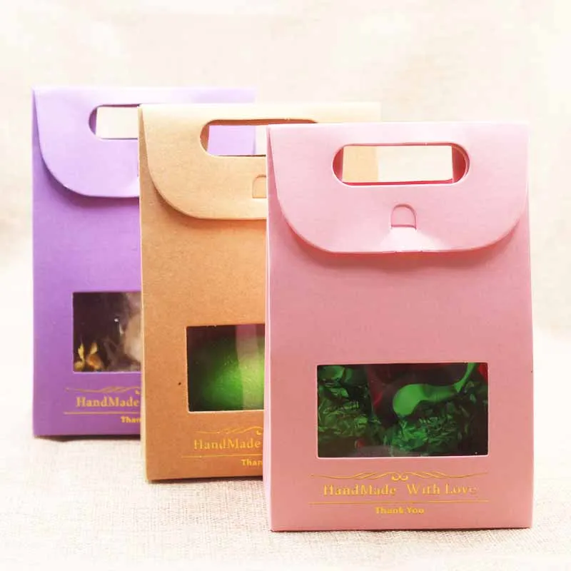 

Feiluan 10pcs multi color Handmade candy favor handle box with clear window.Gold foil gift window bag for nuts/wedding/teas pack