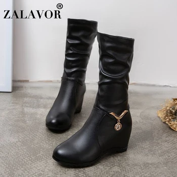 

ZALAVOR Women Classics Simple Mid Calf Boots Wedges Crystal Winter Warm Round Toe Short Boots Sexy Office Footwear Size 33-43