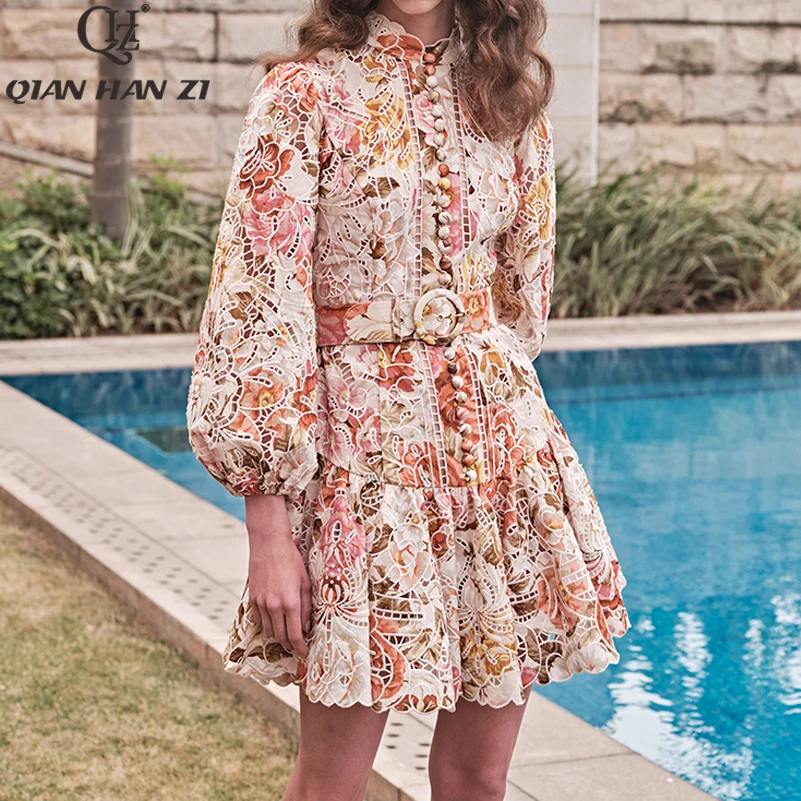 

Qian Han Zi 2020 Designer Runway Fashion Dress Women's Lantern Sleeve Lace Print Elegant Hollow Out Slim Dress vestidos