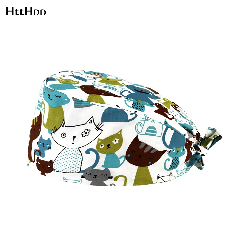 

wholesale Cotton Nutritionist work hat dustproof cap Cartoon print cat scrubs cap pet club work hat Elastic Scrub Tieback Hats
