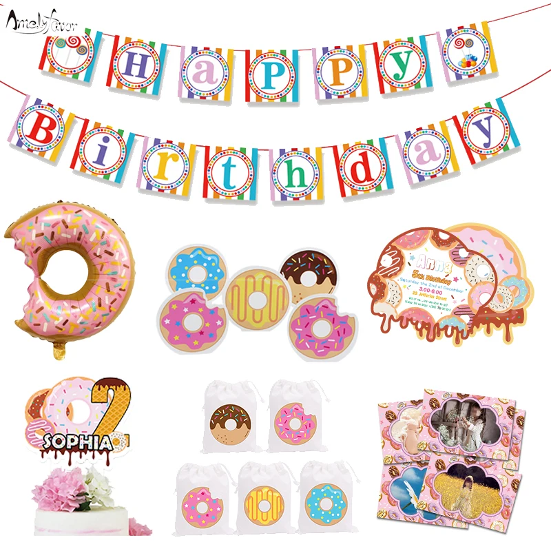 

Donut Grow Up Theme Party Birthday Invitation 1st Birthday Girl Party Decoration Custom-made Balloons Photo Frame Party Kit