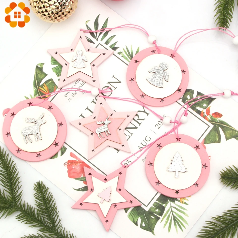 

2PCS Pink Christmas Deer/Angel/Tree Wooden Pendant Ornaments DIY Craft Christmas Decorations Xmas Tree Ornaments Hanging Gifts