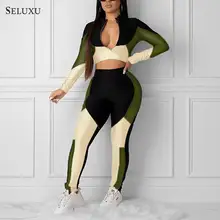 Seluxu Sexy Color Contrast Long Sleeve Zip Jacket Bodycon Pants Two-piece Women’s Fashion Casual Suit African Style Clothing