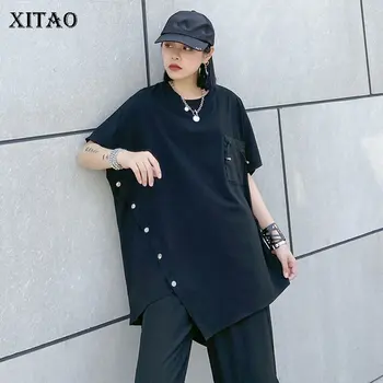 

XITAO Irregular Black T Shirt Fashion New Women 2020 Summer Single Breast Pocket Pocket Minority Casual Style Loose Tee DMY4614