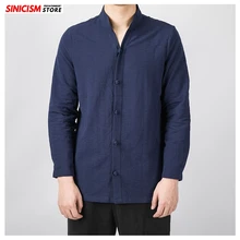 Магазин Sinicism мужские однотонные весенние Рубашки со стоячим воротником мужские рубашки с длинным рукавом в китайском стиле мужские модные хлопковые льняные рубашки