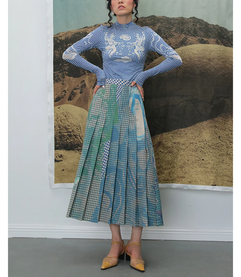 AIMENUNU High Elastic Waist Pleated Plaid Print Contrast Color Half-body Skirt Women Fashion Tide New Spring Autumn