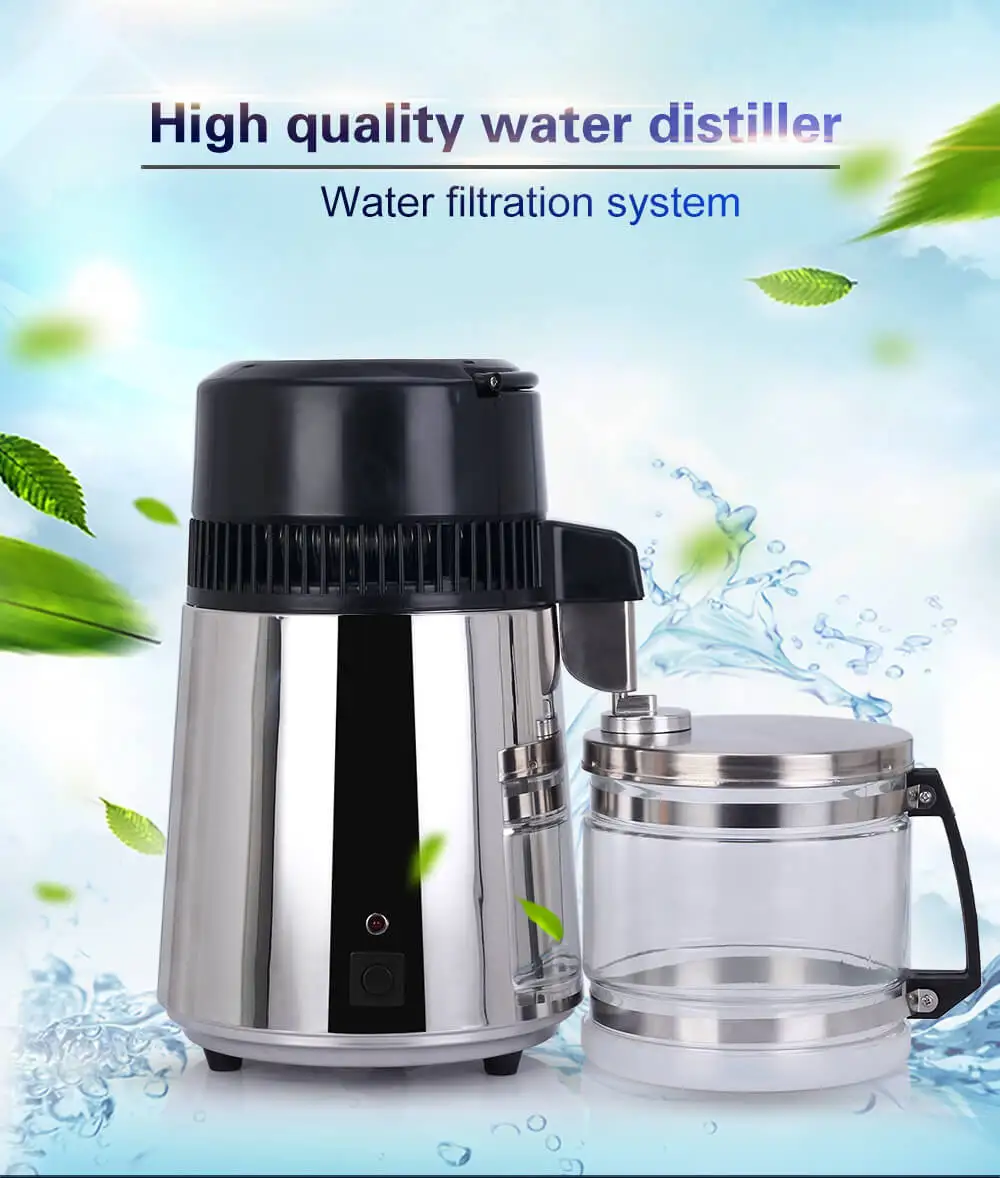 Glass Bottled Water Purifiers Life Water Distillery Water Distiller with Stainless Steel Base Black 4 L Stainless Steel Pure Water Distiller with Glass Nozzle Insert
