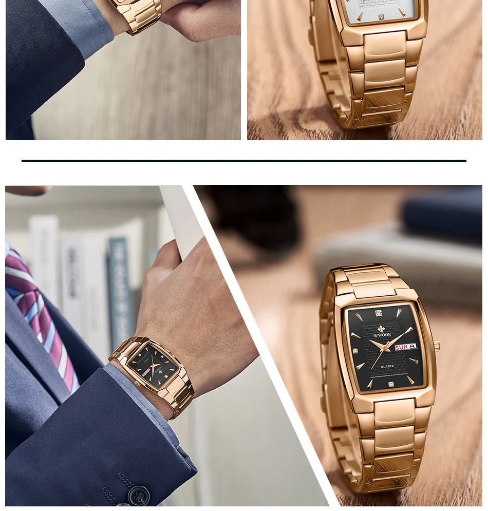 Watches Men WWOOR Brand Casual Simple Men's Quartz Clock Rose Gold Square Waterproof Week Display Wristwatches Relogio Masculino