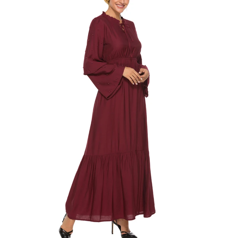 MISSJOY Elegant High Waist Abaya Turkish Dress Women Muslim Solid Color Ruffle Flare Sleeve Diamond Islamic Clothing Casual