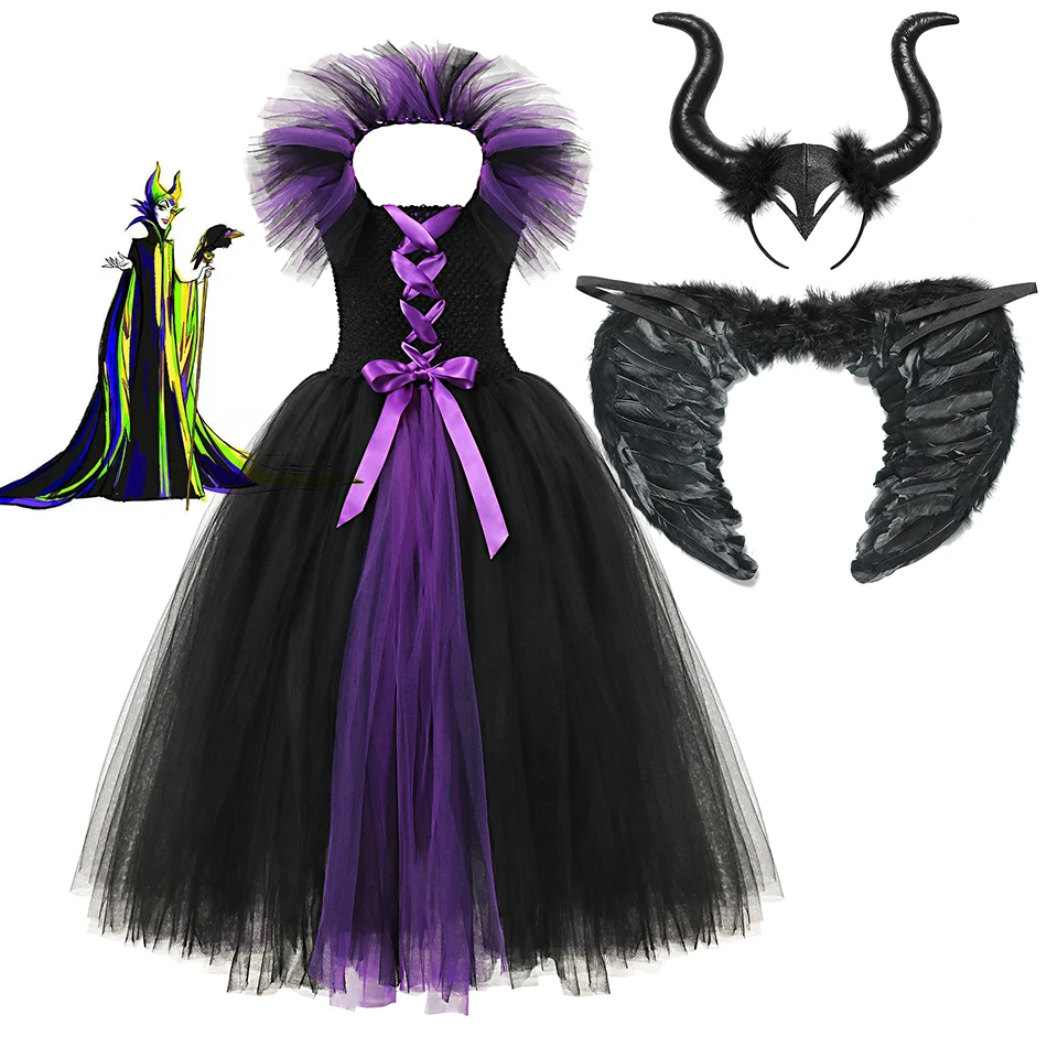 3PCS Maleficent Clothing Set for Girls Tutu Dress Headgear Wings Descendants Villain Maleficent Cosplay Costume Evil Queen Frock