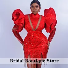 Foto Real rojo africano elegante Vestidos De graduación cristal lentejuelas fiesta Formal negro chicas borlas Vestidos De Gala