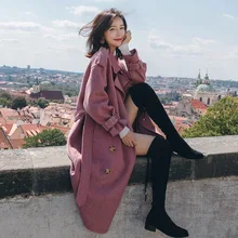 Модное офисное длинное женское Шерстяное Пальто, зауженное однотонное зимнее пальто двубортное кашемировое пальто