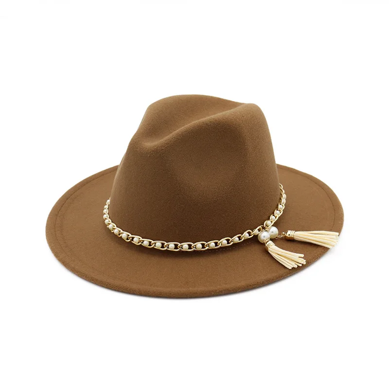 Autumn And Winter Solid color pearl brimmed hat Travel cap Fedoras jazz hat Panama hats for women and girl 54 - Цвет: Хаки