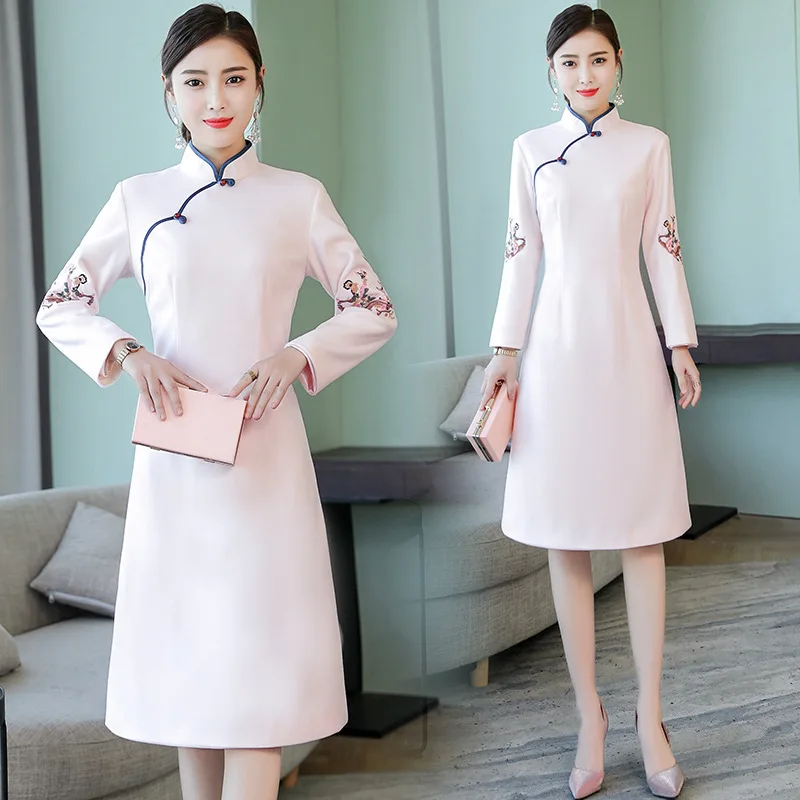 

2019 Europe And America Winter Style Long Sleeve Cheongsam Chinese-style Embroidery WOMEN'S Dress Improvement Retro Mid-length D