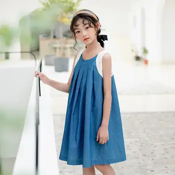 

New 2020 Summer Patchwork Girls Jeans Dress Kids Dresses for Girls Baby Sundress Lace Children Cotton Dress Denim Bow
