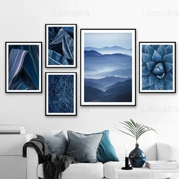 

Blue Landscape Painting Distant Mountains Plant Leaves Calming Blue Living Room Decoration Painting Home Decor Canvas Painting