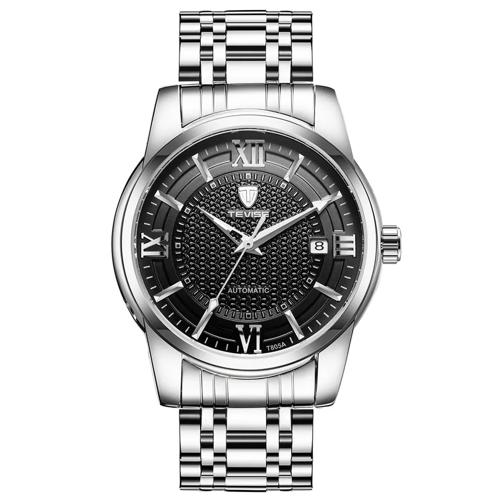 Silver-Black Tevise Лидирующий бренд Модные Повседневные календари стальной ремень мужские часы Роскошные светящиеся водонепроницаемые умные автоматические механические часы - Цвет: Silver-Black