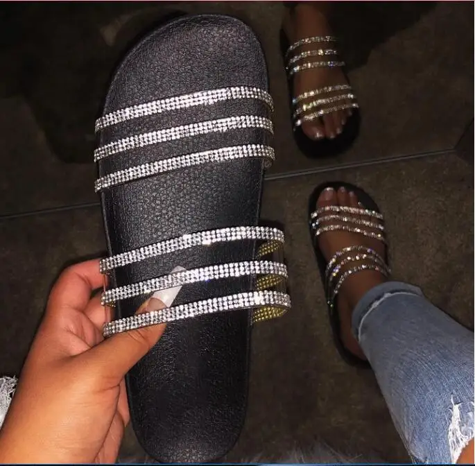 

Summer Women Basic Sandals Black White Sliver Crystal Shiny Slip-On Cut Out Ladies Flat Sandals Outdoor Holiday Slides 9071