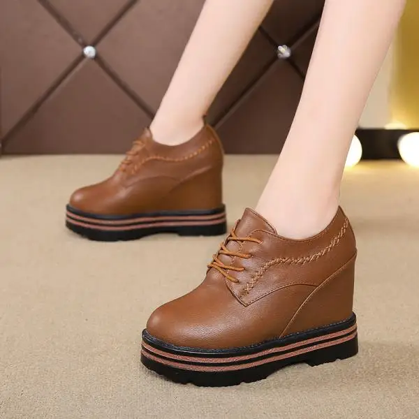 Bootee/ г. Женские ботинки до середины икры кожаные ботинки на шнуровке Женская Базовая обувь с круглым носком на танкетке черного цвета в стиле Лолиты на высоком каблуке - Цвет: 3