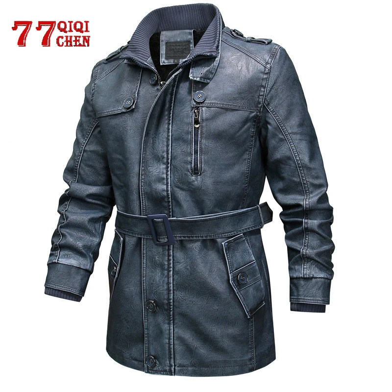 

Men's PU Leather Jackets Men Winter fleece warm motorcycle Long Leather Jackets Winter Male casual Faux with belt Leather Coat