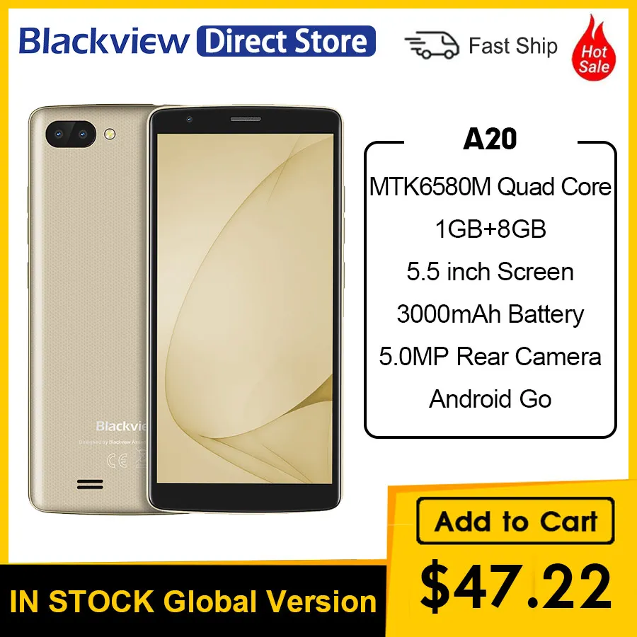 Смартфон Blackview A20 1 ГБ ОЗУ 8 ПЗУ четырёхъядерный процессор MTK6580M на базе Android Go экран